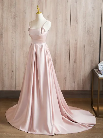 A-Line Satin Pink Long Prom Dress Pink Long Formal Dress