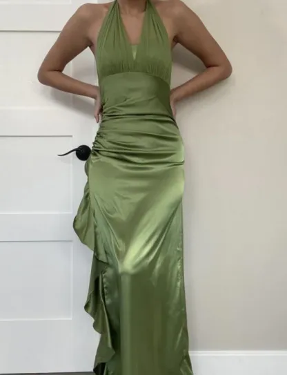 Halter Green Satin Long Prom Dress Ruffle Formal Party Gown
