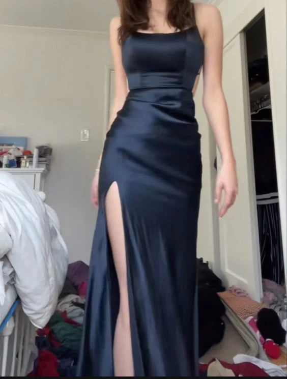 Spaghetti Straps Satin Long Prom Dress Slit Formal Evening Dress
