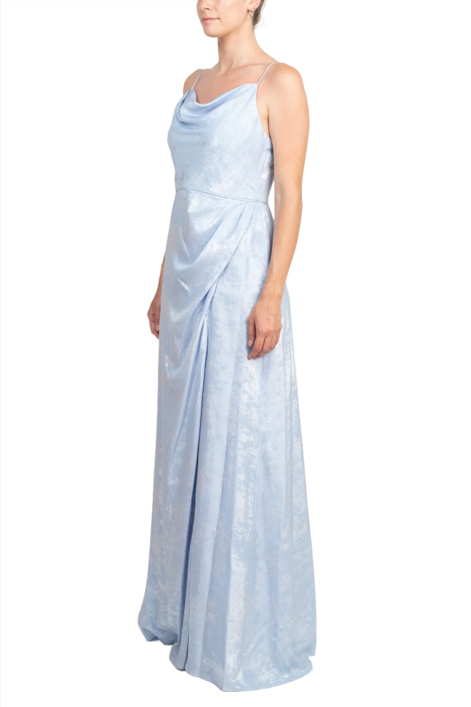 Cowl Neck Sleeveless Slit Front Gathered Side Zipper Back Metallic Prom Dress