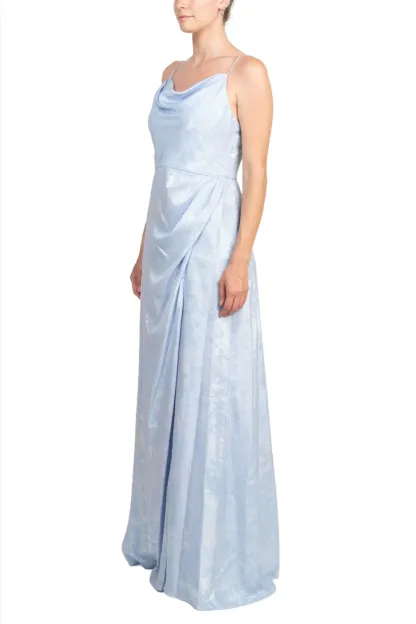 Cowl Neck Sleeveless Slit Front Gathered Side Zipper Back Metallic Prom Dress