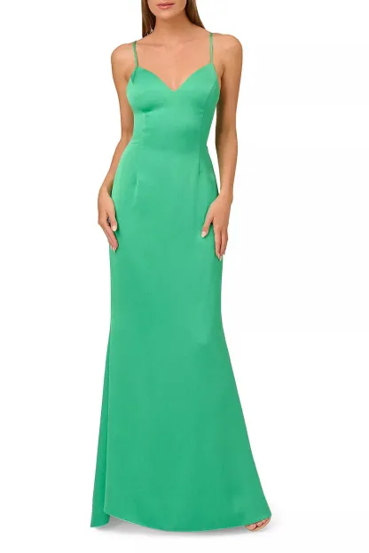 Adjustable spaghetti strap tie back V-neck zipper closure textured satin gown