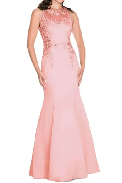 Crew Neck Sleeveless Illusion Cutout Back Embellished Mermaid Stretch Satin Trumpet Gown