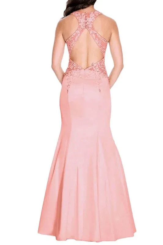 Crew Neck Sleeveless Illusion Cutout Back Embellished Mermaid Stretch Satin Trumpet Gown