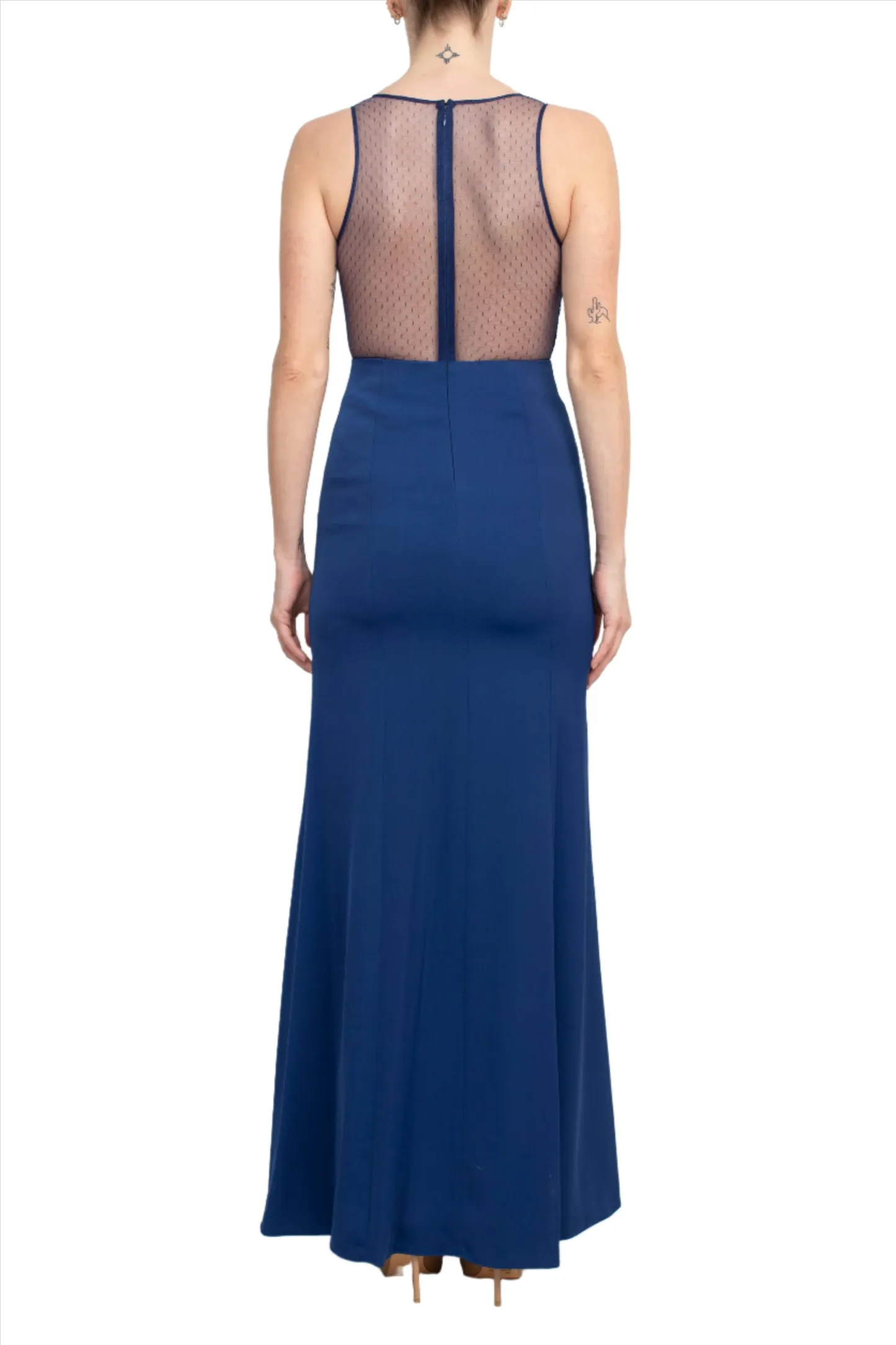 V-Neck Sleeveless Zipper Back Illusion Floral Embroidered Prom Dress
