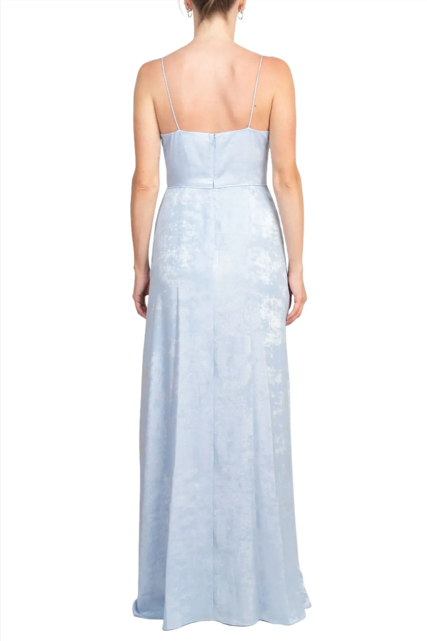 Cowl Neck Sleeveless Slit Front Gathered Side Zipper Back Metallic Prom Dress