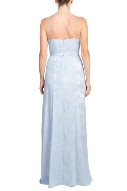 Cowl Neck Sleeveless Slit Front Gathered Side Zipper Back Metallic Prom Dress
