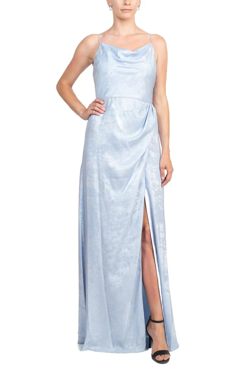 Cowl Neck Sleeveless Slit Front Gathered Side Zipper Back Metallic Prom Dress