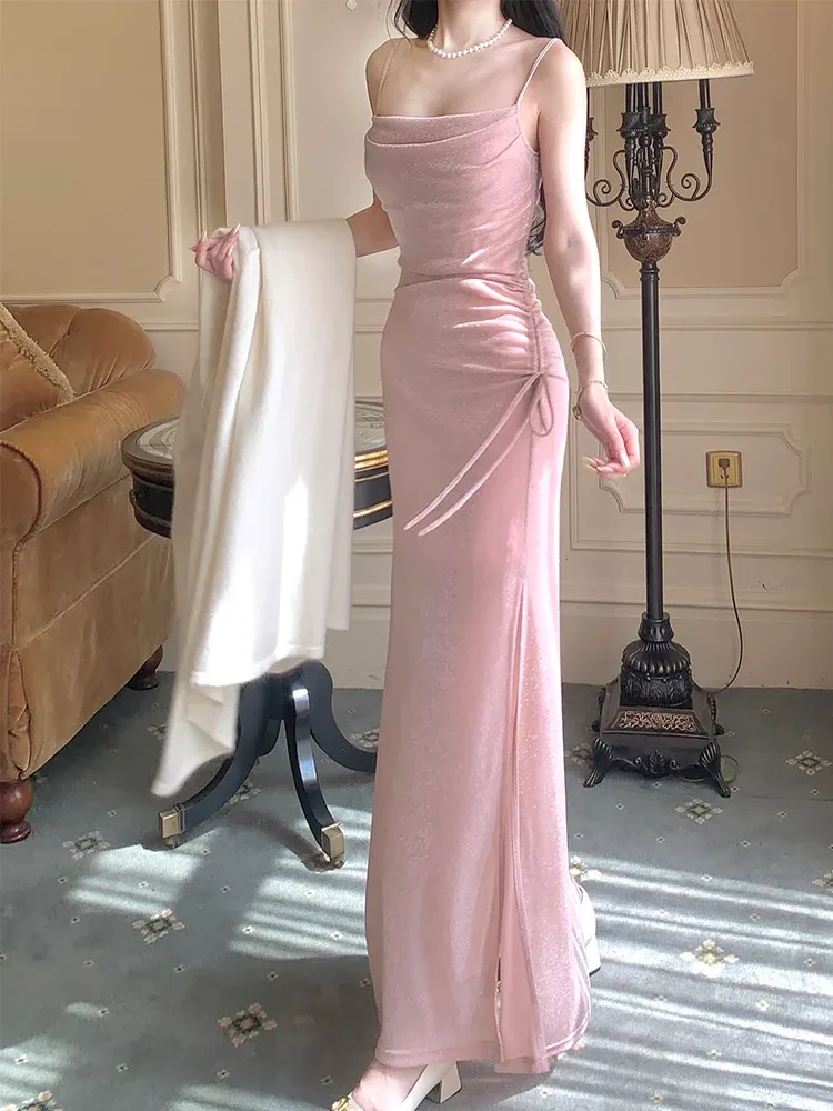 Spaghetti Straps Pink Sparkling Long Prom Dress Formal Party Gown