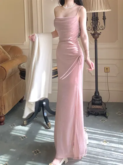 Spaghetti Straps Pink Sparkling Long Prom Dress Formal Party Gown