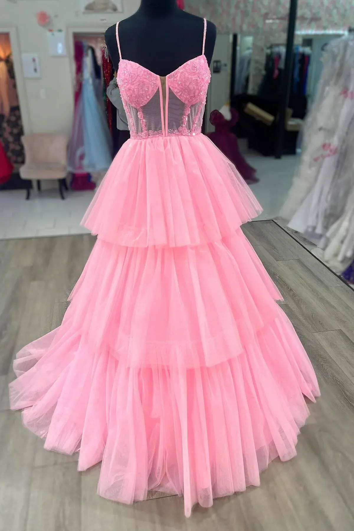 Pink Corset Tulle Ruffles A-line Formal Prom Dress