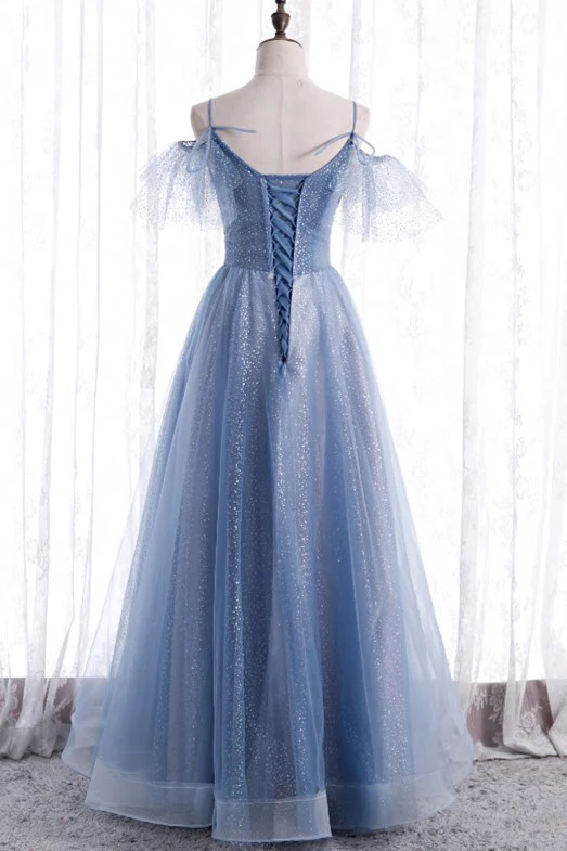 Blue A-line Long Formal Dress with Spaghetti Straps