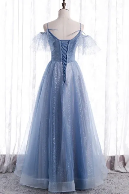 Blue A-line Long Formal Dress with Spaghetti Straps