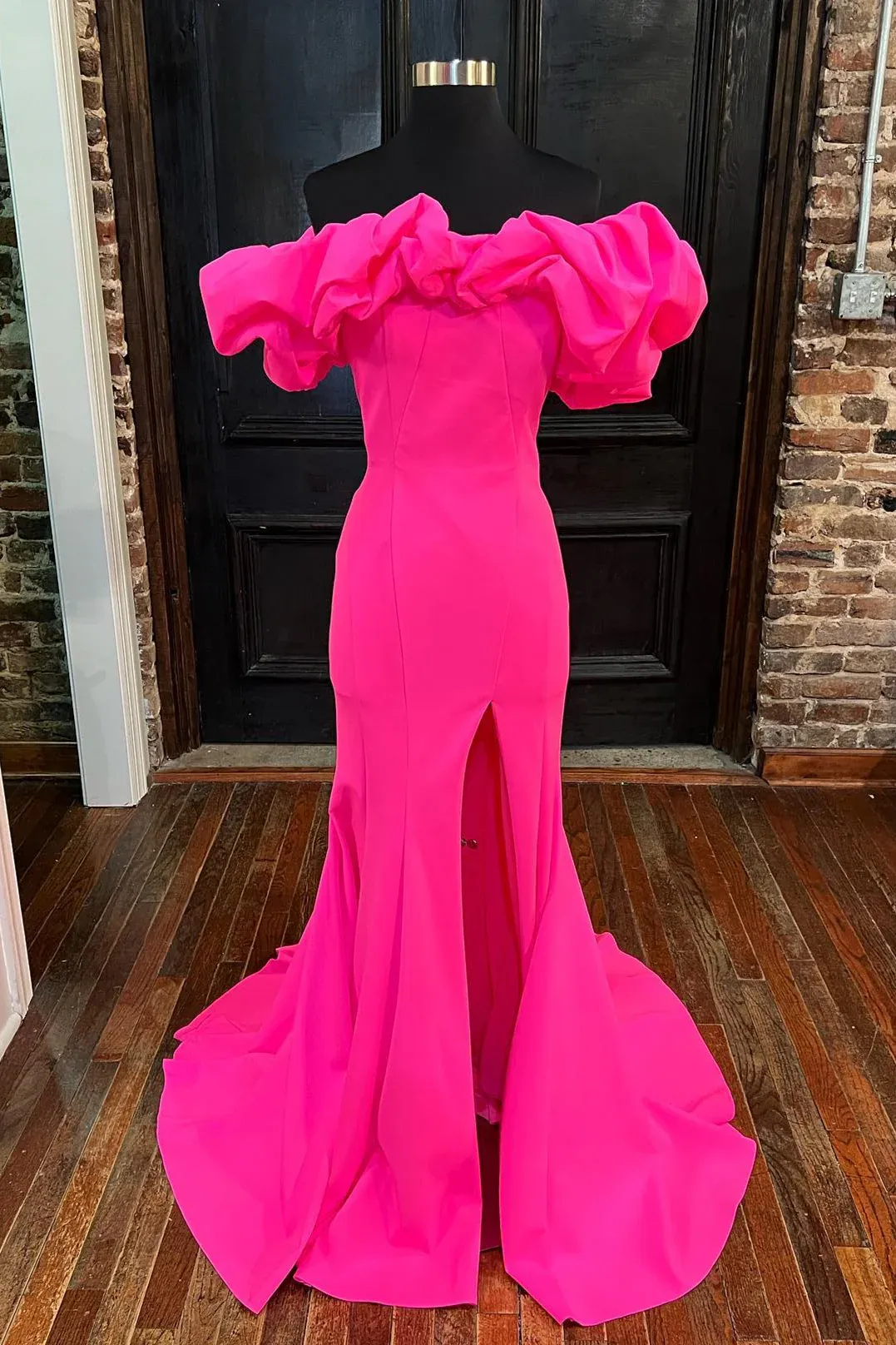 Hot Pink Off the Shoulder Mermaid Long Formal Prom Dress with Slit