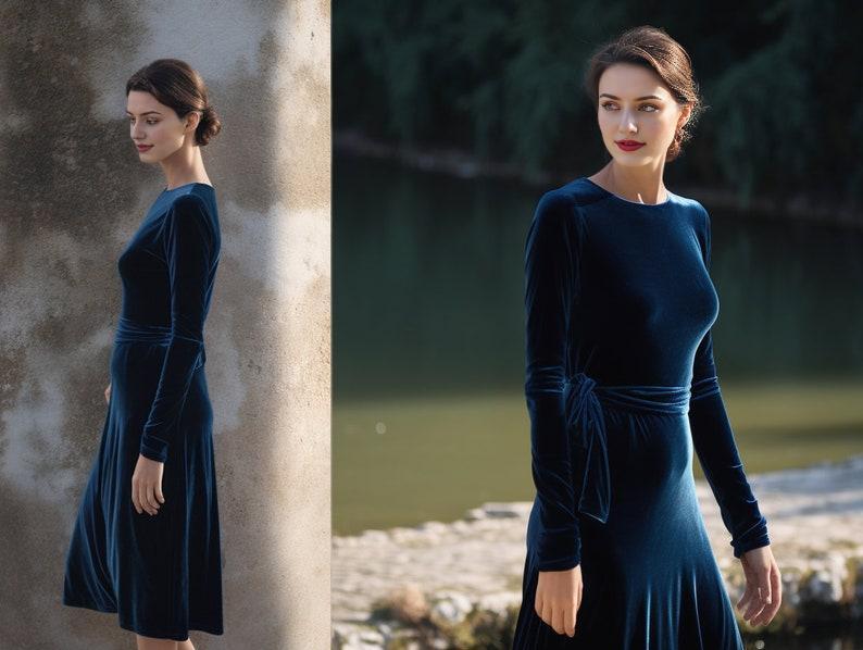 Velvet Midi Dress with Long Sleeves Versatile Crew Neck Design Closed Back Includes Self-Tie Belt Below Knee Length  Fall Fashion