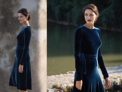 Velvet Midi Dress with Long Sleeves Versatile Crew Neck Design Closed Back Includes Self-Tie Belt Below Knee Length  Fall Fashion