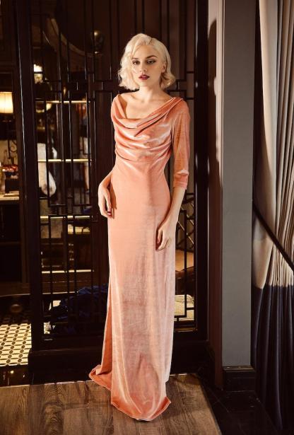 Velvet Dress Maxi  Long Sleeve Velvet Long Gown Cowl Neck Velvet Prom Dress for Women