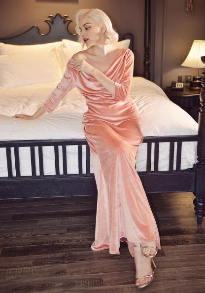 Velvet Dress Maxi  Long Sleeve Velvet Long Gown Cowl Neck Velvet Prom Dress for Women
