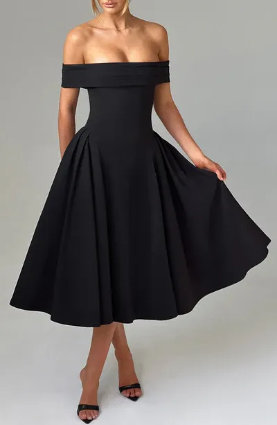 A-Line Off-the-Shoulder Bardot neckline with pleat detail Midi length Prom Dress