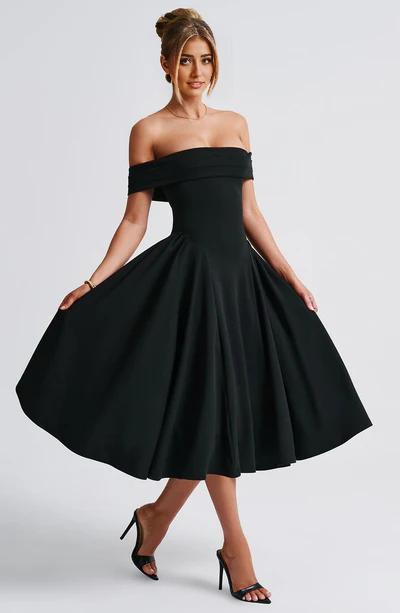 A-Line Off-the-Shoulder Bardot neckline with pleat detail Midi length Prom Dress