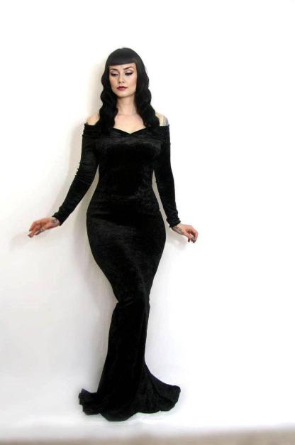 off-the-shoulder floor length evening gown costume Black crushed Velvet made to Measure