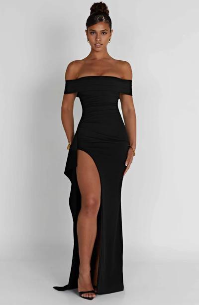 Black A-Line Off the Shoulder Long Front Split Formal Prom Dress