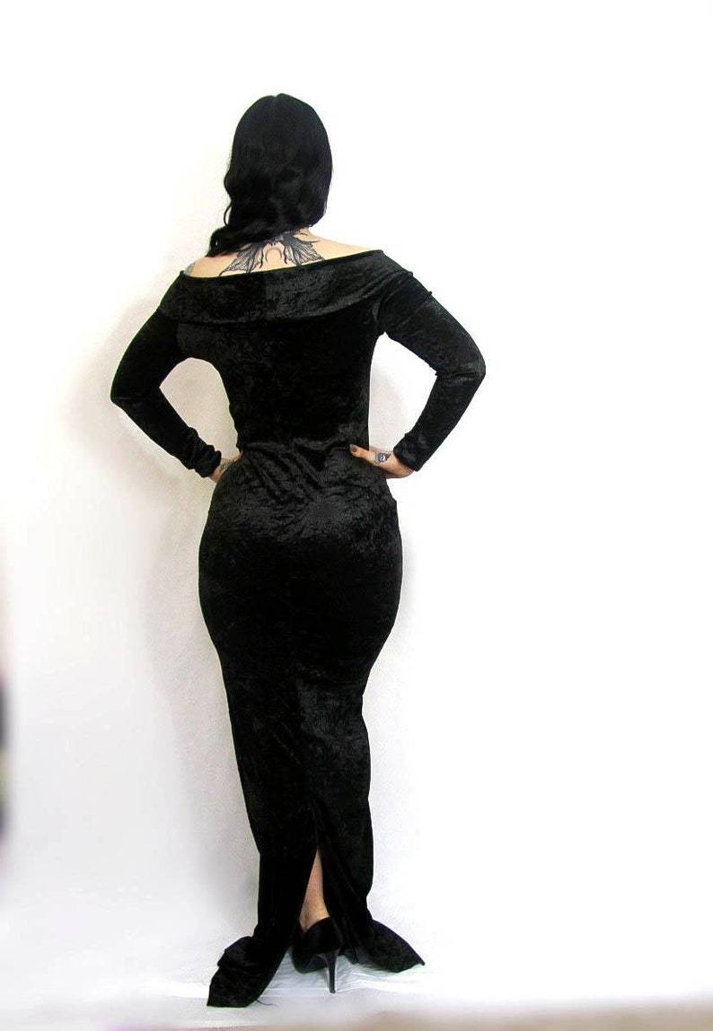 off-the-shoulder floor length evening gown costume Black crushed Velvet made to Measure