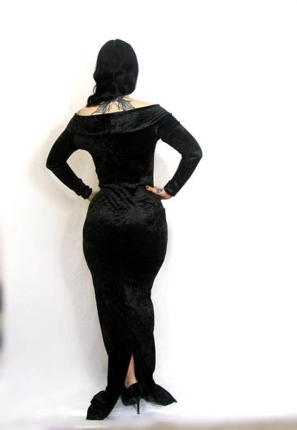 off-the-shoulder floor length evening gown costume Black crushed Velvet made to Measure