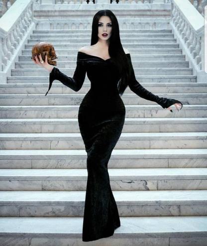 off-the-shoulder floor length evening gown costume Black crushed Velvet made to Measure