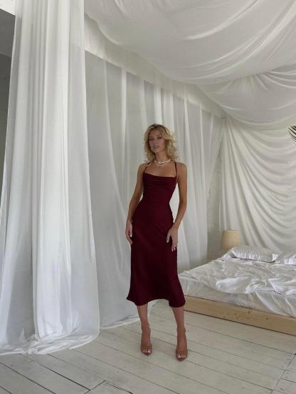 Burgundy Midi Silk Slip Dress Open Back Midi Silk Slip Cowl Neck Silk Slip Dress for Prom