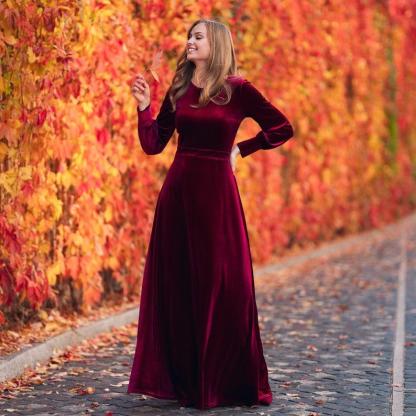 Plum Burgundy Velvet Maxi Dress Evening and New Year’s Wedding Gown