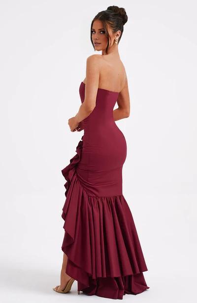 Burgundy A-line Off The Shoulder Formal Ball Gown With Ruffled Front Slit