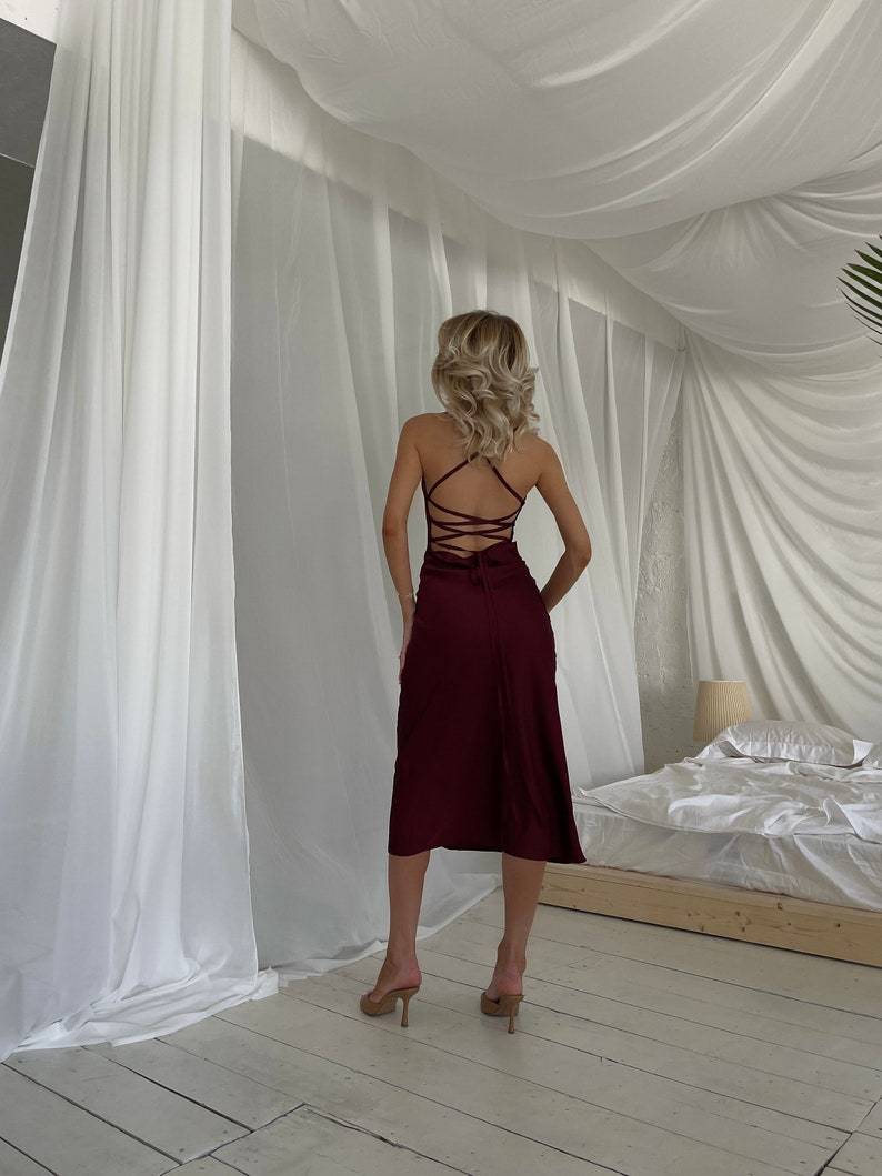 Burgundy Midi Silk Slip Dress Open Back Midi Silk Slip Cowl Neck Silk Slip Dress for Prom