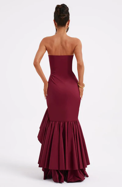 Burgundy A-line Off The Shoulder Formal Ball Gown With Ruffled Front Slit
