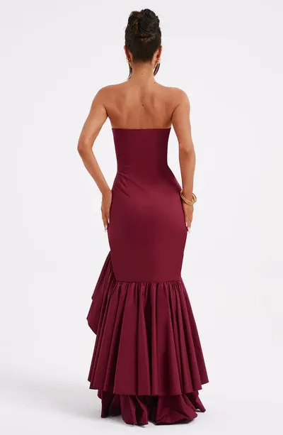 Burgundy A-line Off The Shoulder Formal Ball Gown With Ruffled Front Slit
