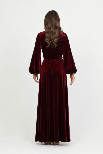 Burgundy Velvet Dress Prom Dress Evening Dress Wedding Guest Dress Velvet Long Dress