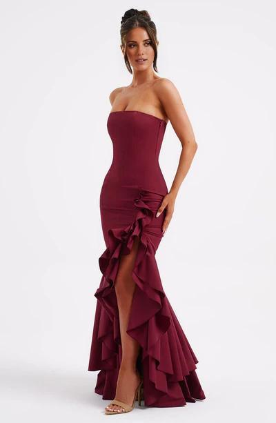 Burgundy A-line Off The Shoulder Formal Ball Gown With Ruffled Front Slit