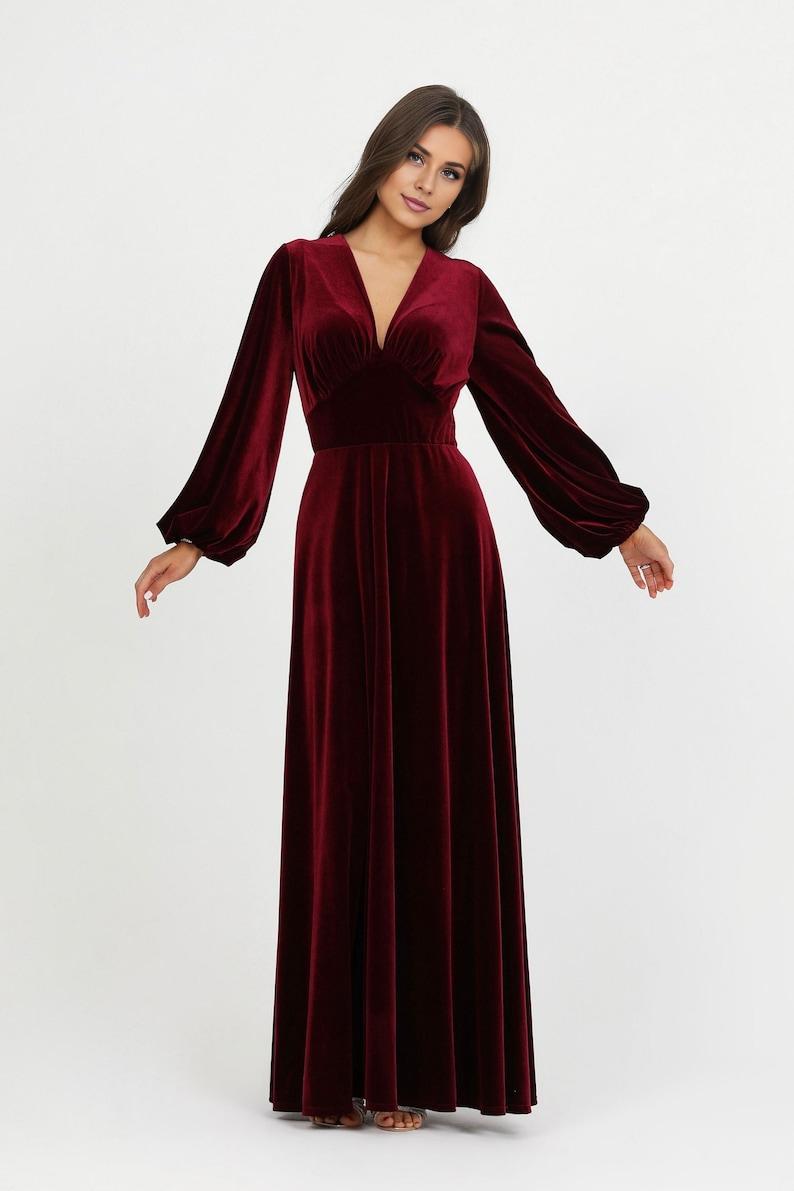 Burgundy Velvet Dress Prom Dress Evening Dress Wedding Guest Dress Velvet Long Dress