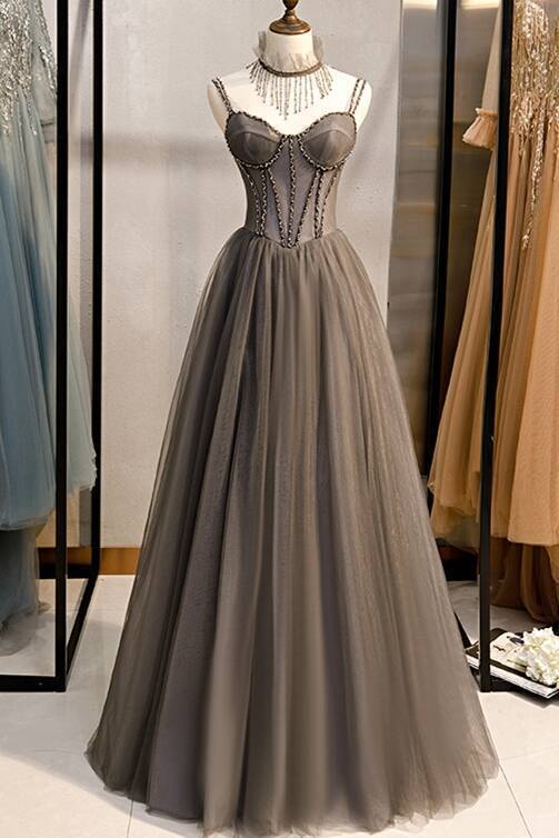 Champagne Double Straps Grey A-line Long Prom Dress