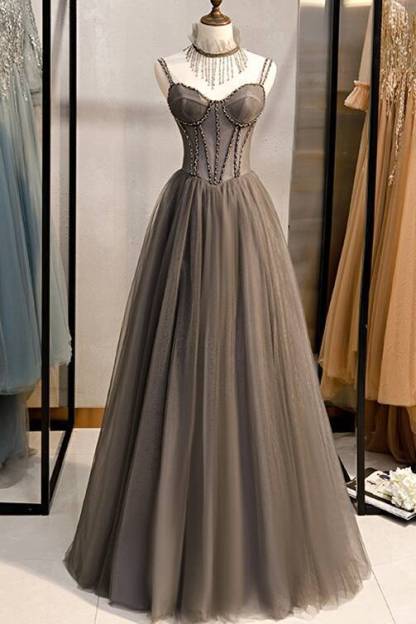 Champagne Double Straps Grey A-line Long Prom Dress