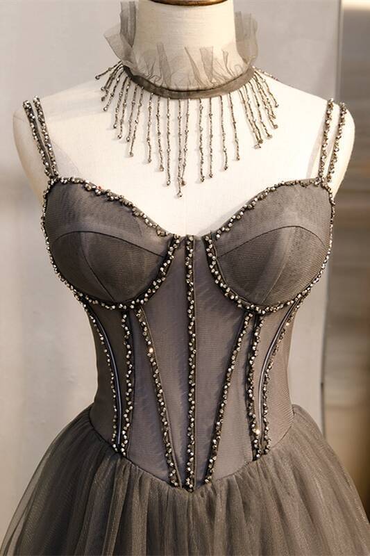 Champagne Double Straps Grey A-line Long Prom Dress
