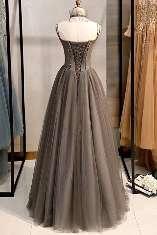 Champagne Double Straps Grey A-line Long Prom Dress