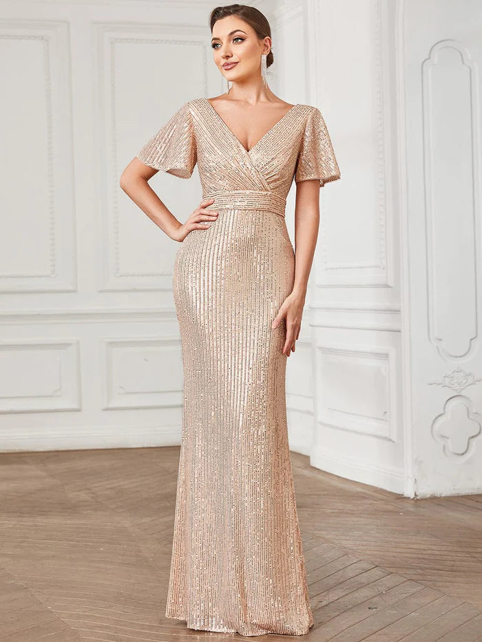 Sequin Short Sleeve Pleated Empire Waist Evening Dress