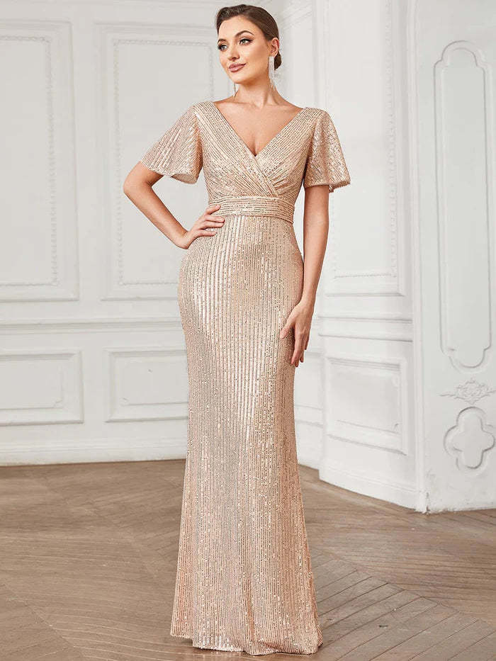 Sequin Short Sleeve Pleated Empire Waist Evening Dress