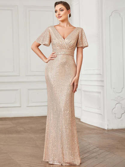 Sequin Short Sleeve Pleated Empire Waist Evening Dress