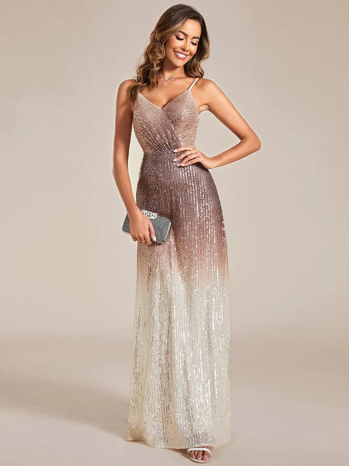 Gradient Sequin Spaghetti Strap V-Neck Long Evening Dress