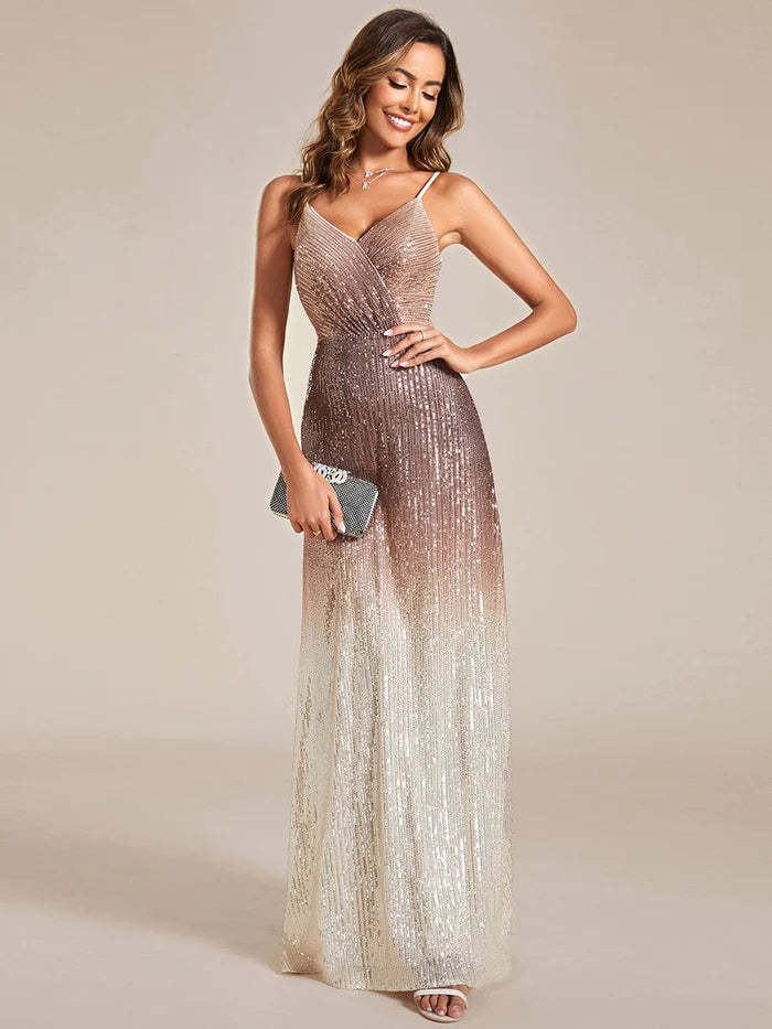 Gradient Sequin Spaghetti Strap V-Neck Long Evening Dress