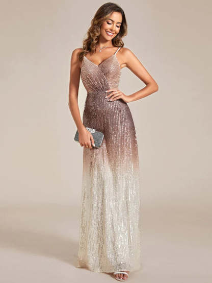 Gradient Sequin Spaghetti Strap V-Neck Long Evening Dress