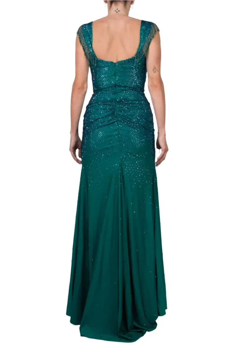 Prom Dress Long Crystal Off The Shoulder Fringe Slit Gown
