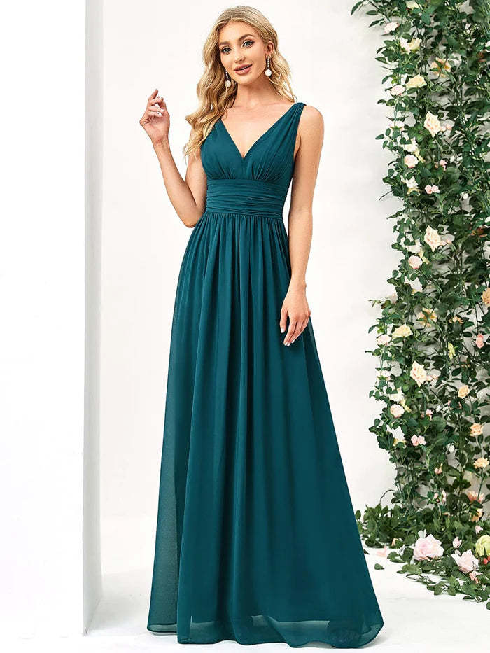 Elegant V Neck A Line Chiffon Maxi Bridesamid Dresses
